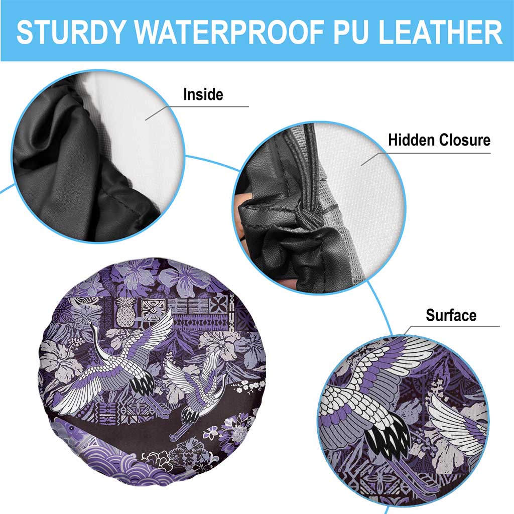 Japanese Hawaiian Crane Spare Tire Cover Purple Tapa Patchwork Pattern LT9 - Polynesian Pride