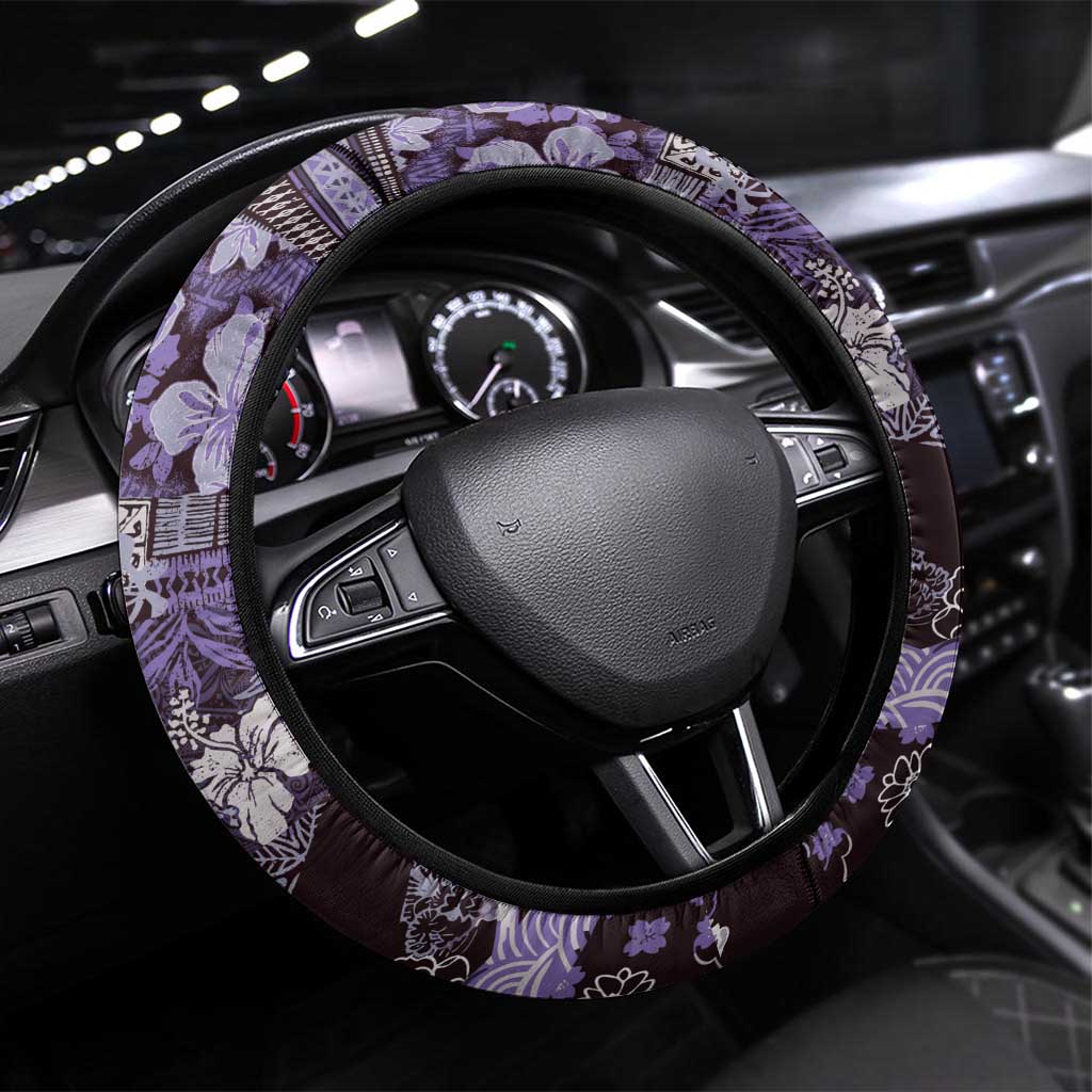 Japanese Hawaiian Crane Steering Wheel Cover Purple Tapa Patchwork Pattern LT9 Universal Fit Purple - Polynesian Pride