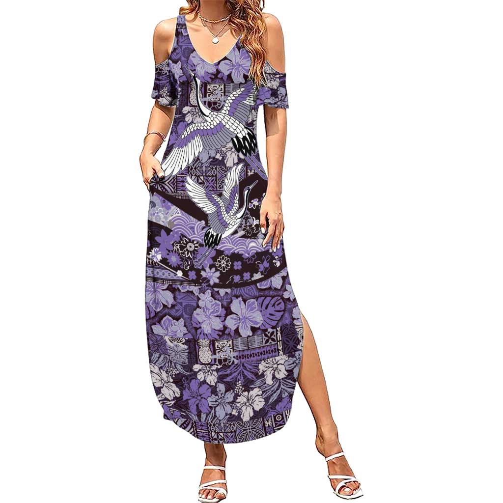 Japanese Hawaiian Crane Summer Maxi Dress Purple Tapa Patchwork Pattern LT9 Women Purple - Polynesian Pride