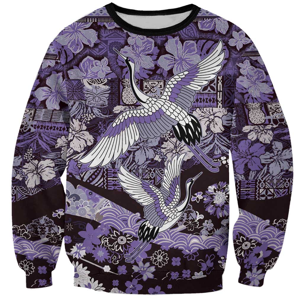 Japanese Hawaiian Crane Sweatshirt Purple Tapa Patchwork Pattern LT9 Unisex Purple - Polynesian Pride