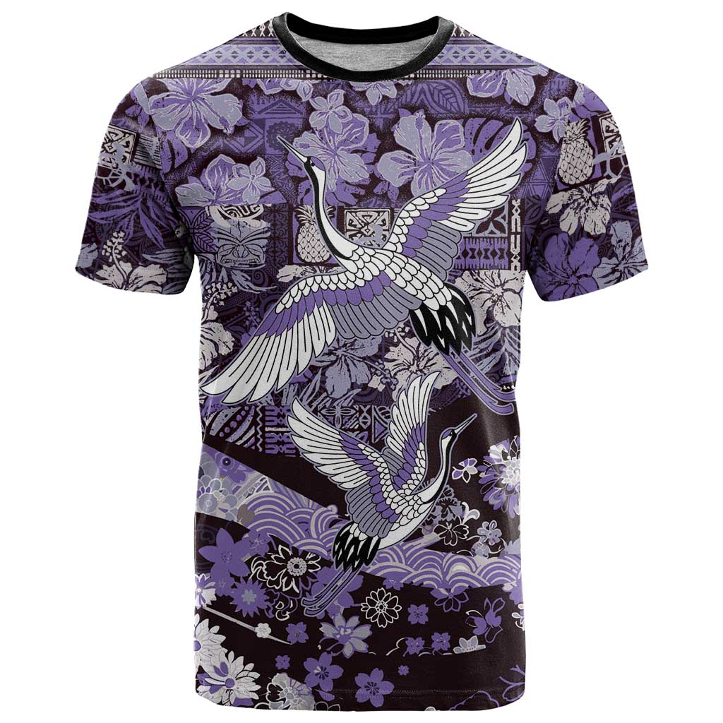 Japanese Hawaiian Crane T Shirt Purple Tapa Patchwork Pattern LT9 Purple - Polynesian Pride