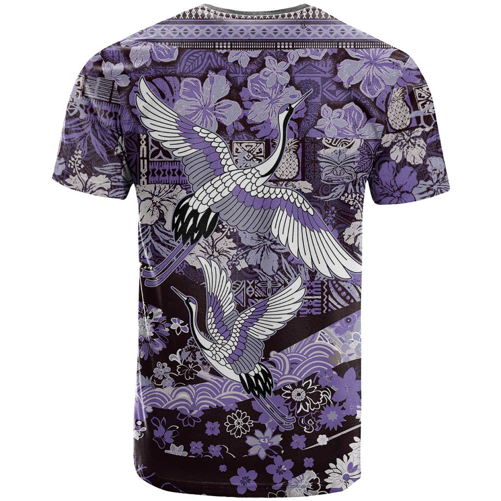 Japanese Hawaiian Crane T Shirt Purple Tapa Patchwork Pattern LT9 - Polynesian Pride