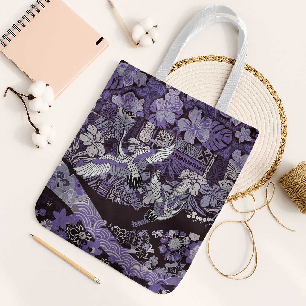 Japanese Hawaiian Crane Tote Bag Purple Tapa Patchwork Pattern LT9 White Strap One Size Purple - Polynesian Pride