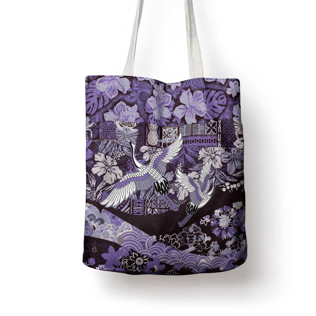 Japanese Hawaiian Crane Tote Bag Purple Tapa Patchwork Pattern LT9 - Polynesian Pride
