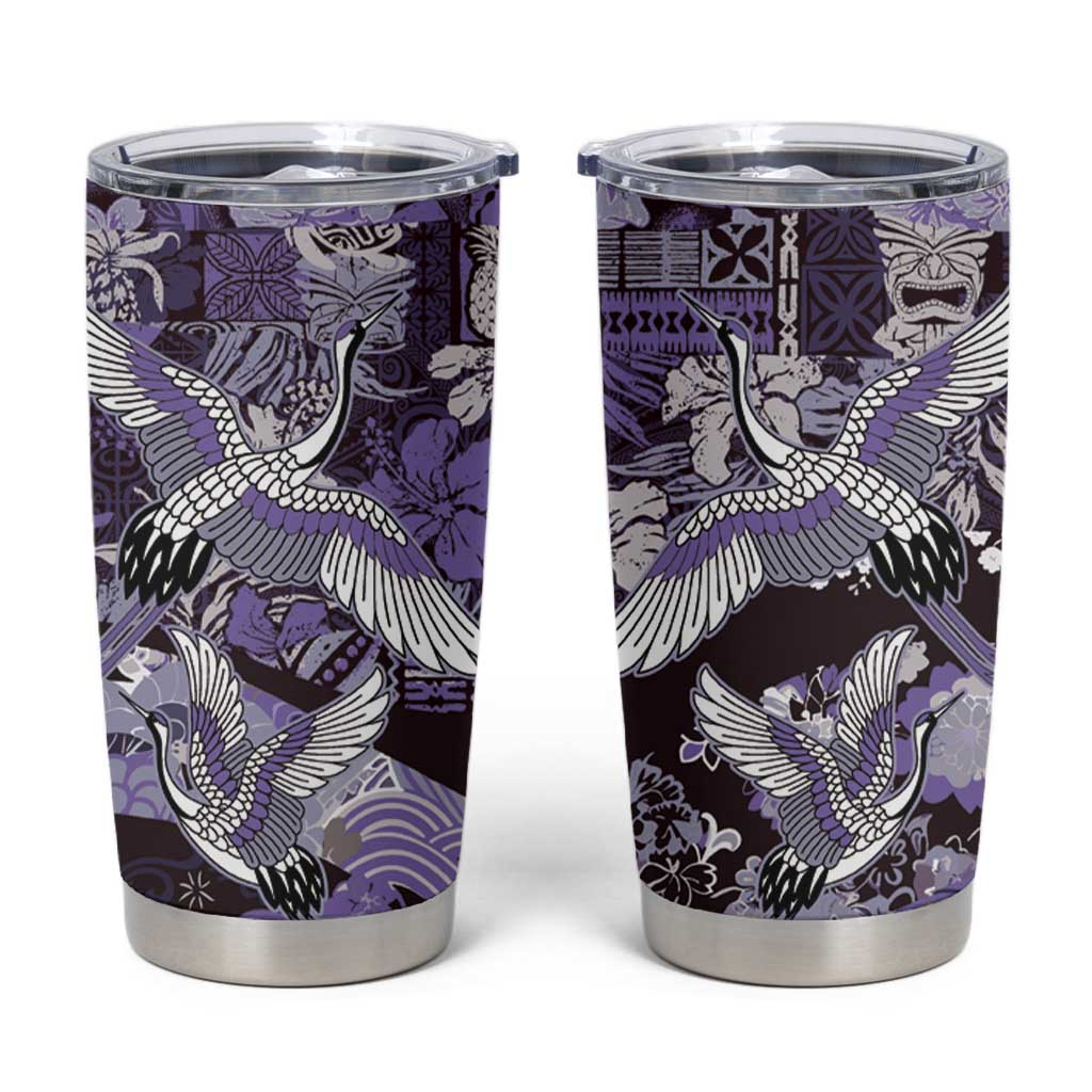 Japanese Hawaiian Crane Tumbler Cup Purple Tapa Patchwork Pattern LT9 Purple - Polynesian Pride