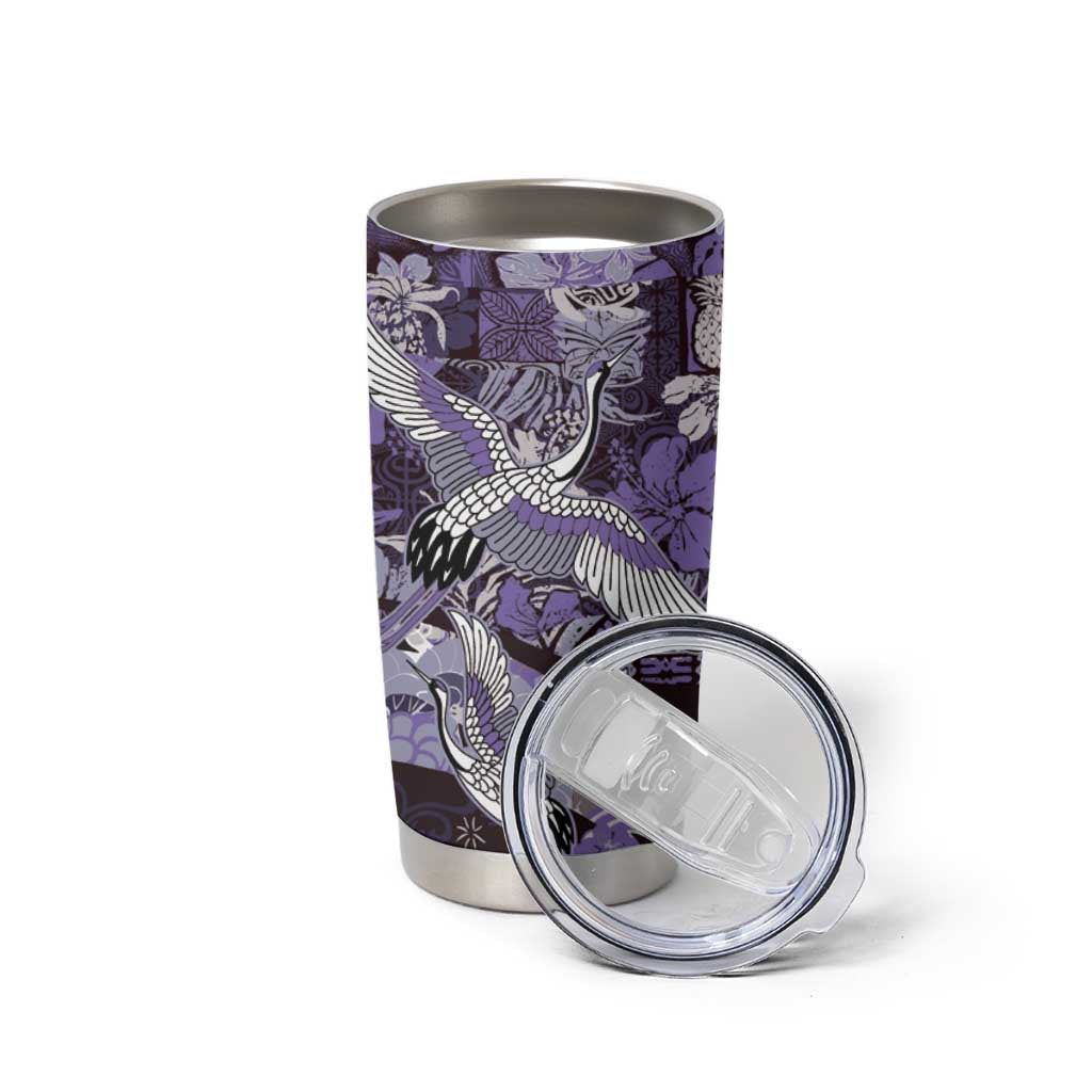 Japanese Hawaiian Crane Tumbler Cup Purple Tapa Patchwork Pattern LT9 - Polynesian Pride