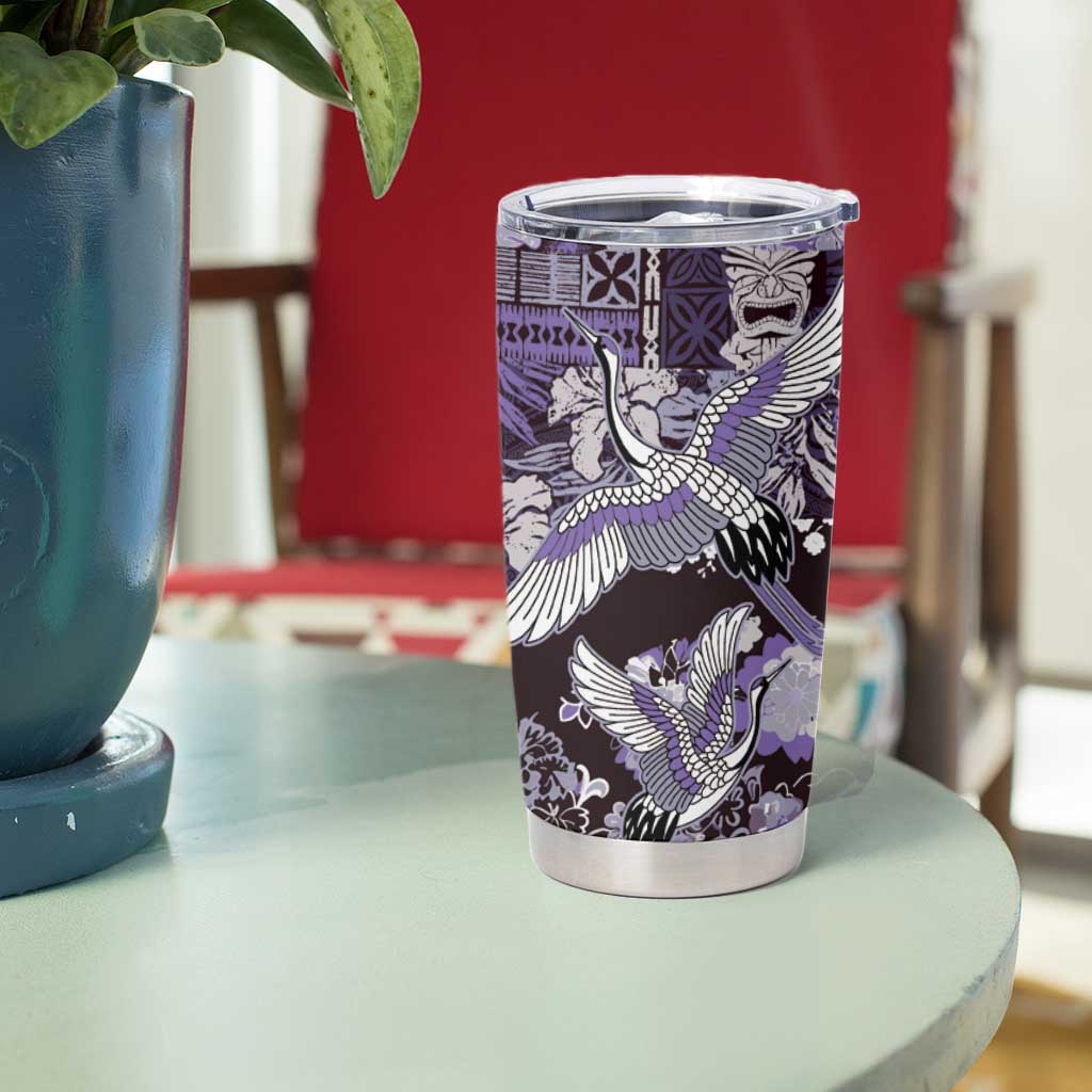 Japanese Hawaiian Crane Tumbler Cup Purple Tapa Patchwork Pattern LT9 - Polynesian Pride