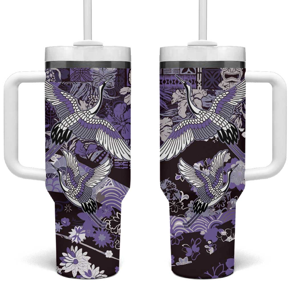 Japanese Hawaiian Crane Tumbler With Handle Purple Tapa Patchwork Pattern