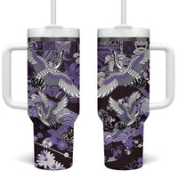 Japanese Hawaiian Crane Tumbler With Handle Purple Tapa Patchwork Pattern