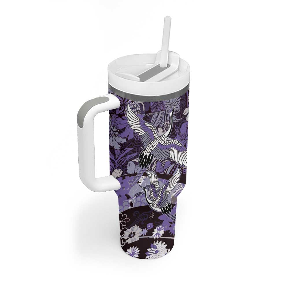 Japanese Hawaiian Crane Tumbler With Handle Purple Tapa Patchwork Pattern