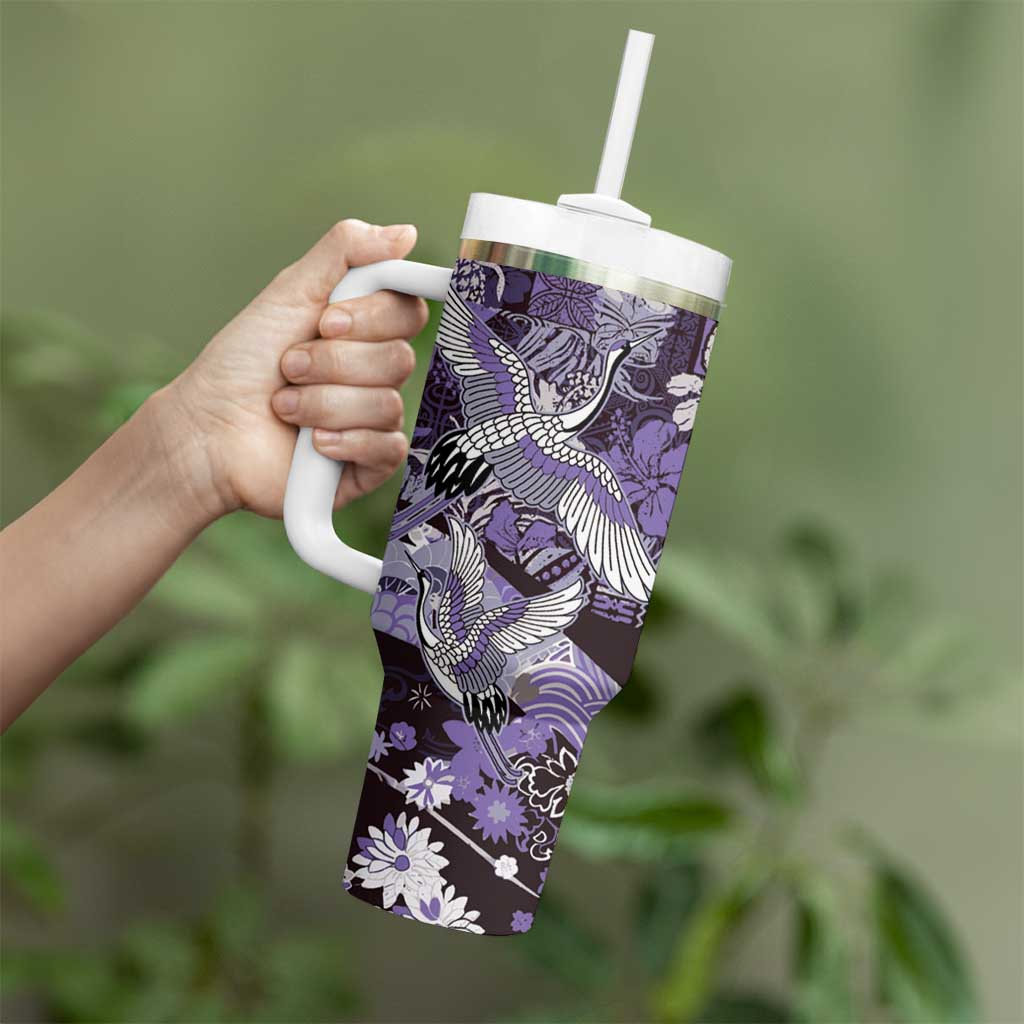 Japanese Hawaiian Crane Tumbler With Handle Purple Tapa Patchwork Pattern