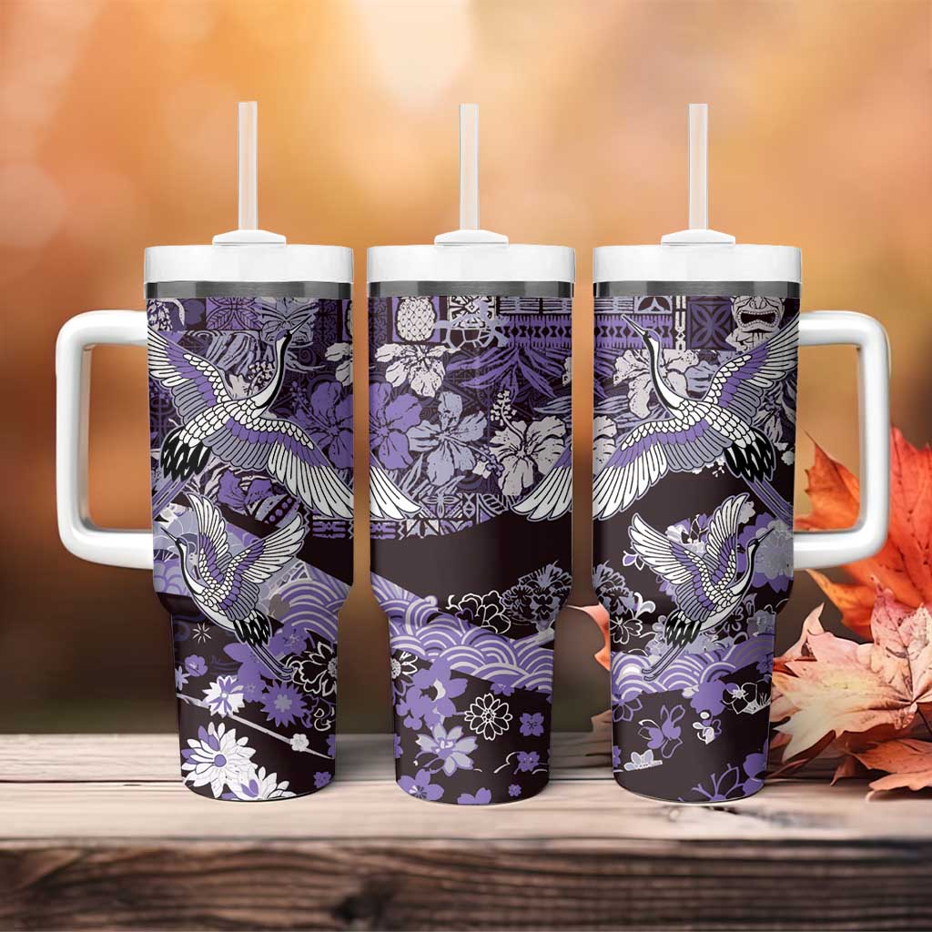 Japanese Hawaiian Crane Tumbler With Handle Purple Tapa Patchwork Pattern