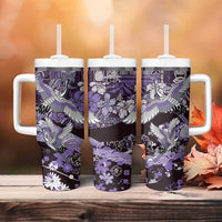 Japanese Hawaiian Crane Tumbler With Handle Purple Tapa Patchwork Pattern