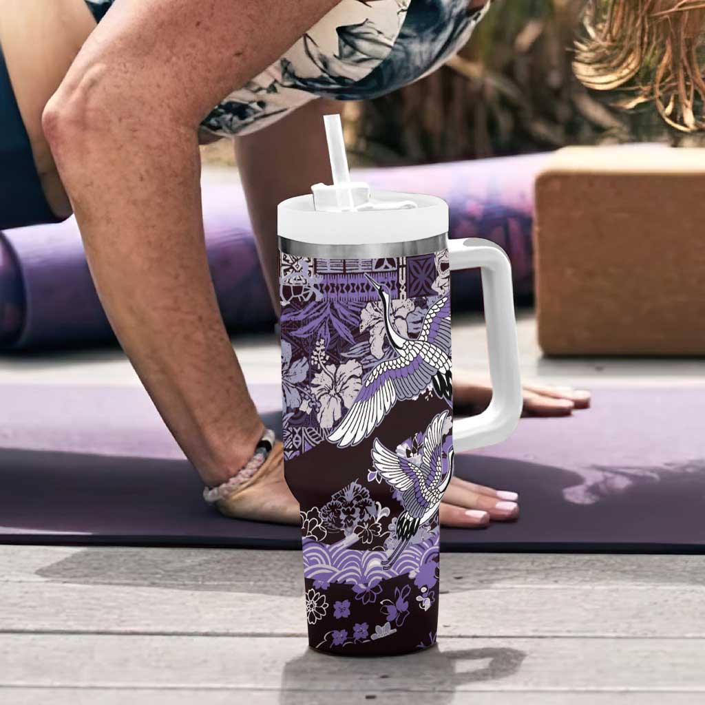 Japanese Hawaiian Crane Tumbler With Handle Purple Tapa Patchwork Pattern