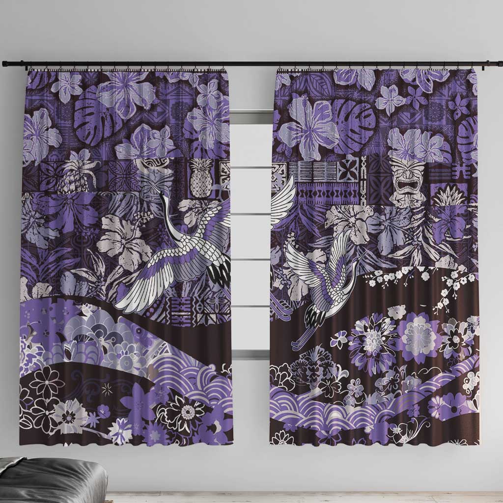 Japanese Hawaiian Crane Window Curtain Purple Tapa Patchwork Pattern LT9 With Hooks Purple - Polynesian Pride