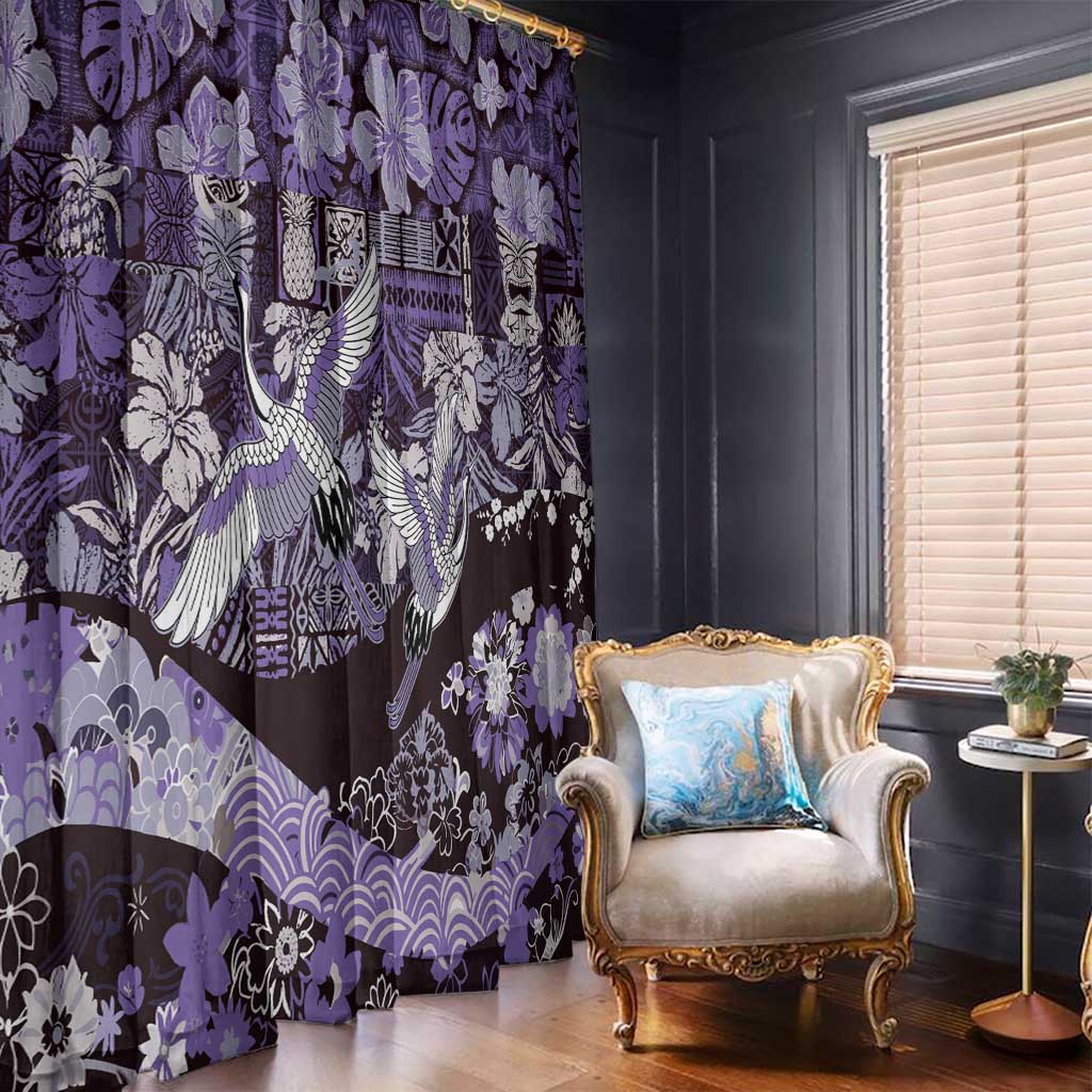Japanese Hawaiian Crane Window Curtain Purple Tapa Patchwork Pattern LT9 - Polynesian Pride