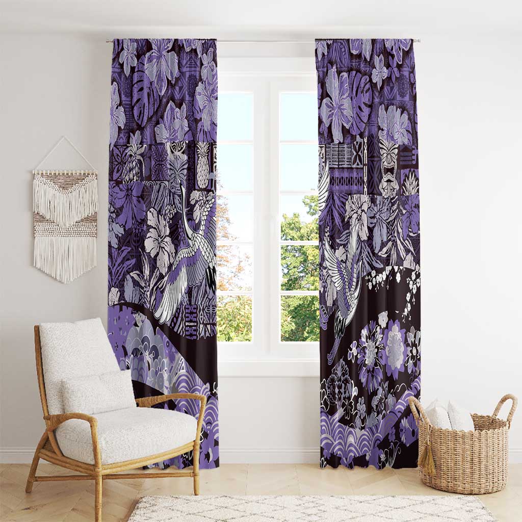 Japanese Hawaiian Crane Window Curtain Purple Tapa Patchwork Pattern LT9 - Polynesian Pride