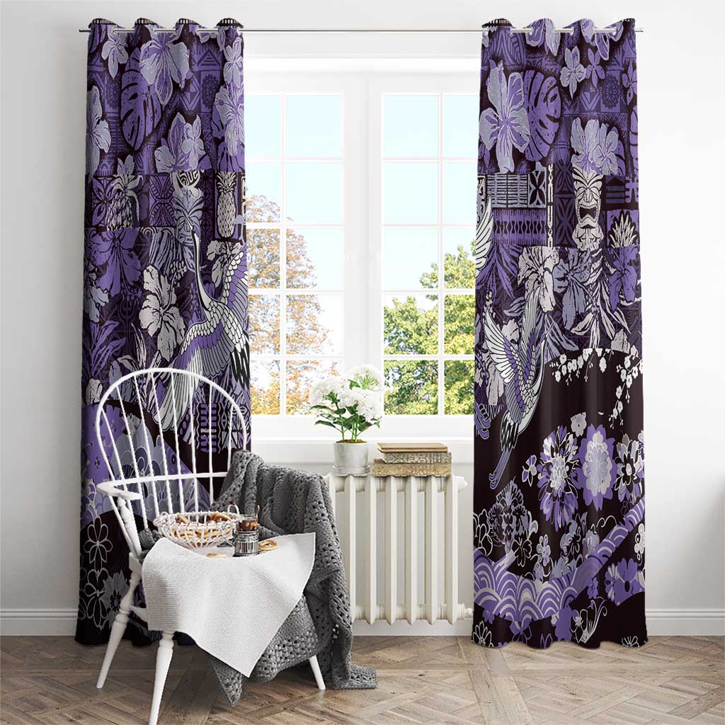 Japanese Hawaiian Crane Window Curtain Purple Tapa Patchwork Pattern LT9 - Polynesian Pride