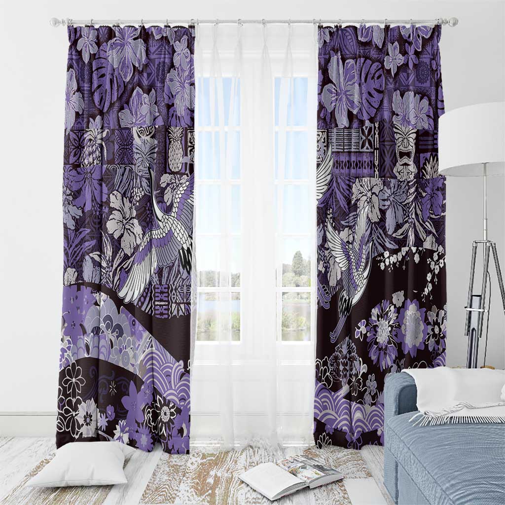 Japanese Hawaiian Crane Window Curtain Purple Tapa Patchwork Pattern LT9 - Polynesian Pride