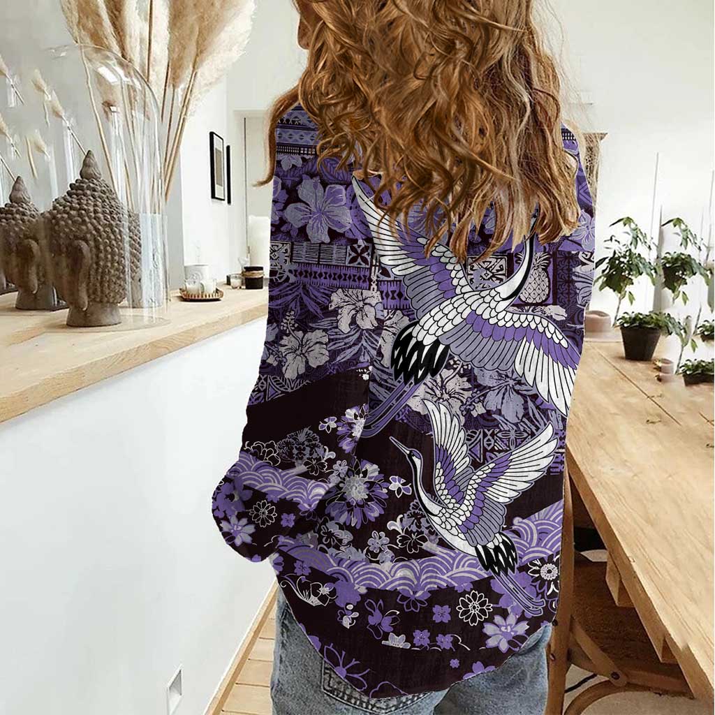 Japanese Hawaiian Crane Women Casual Shirt Purple Tapa Patchwork Pattern LT9 - Polynesian Pride