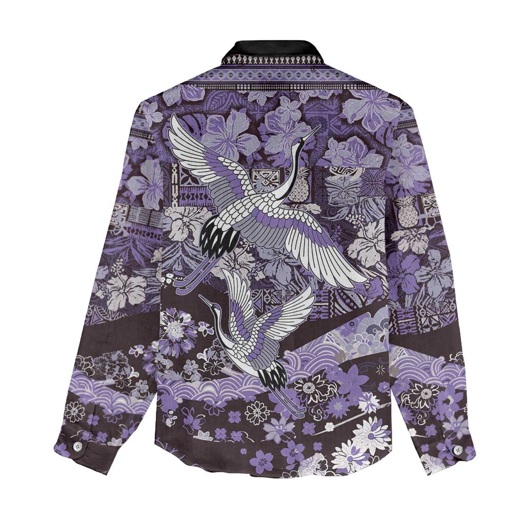 Japanese Hawaiian Crane Women Casual Shirt Purple Tapa Patchwork Pattern LT9 - Polynesian Pride
