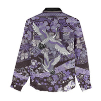 Japanese Hawaiian Crane Women Casual Shirt Purple Tapa Patchwork Pattern LT9 - Polynesian Pride