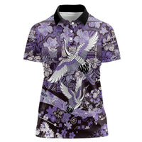 Japanese Hawaiian Crane Women Polo Shirt Purple Tapa Patchwork Pattern