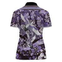 Japanese Hawaiian Crane Women Polo Shirt Purple Tapa Patchwork Pattern