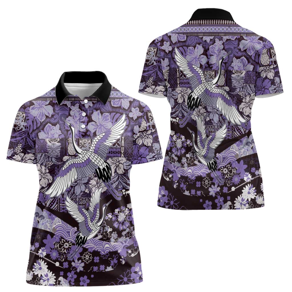 Japanese Hawaiian Crane Women Polo Shirt Purple Tapa Patchwork Pattern