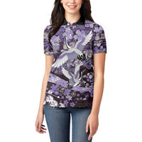 Japanese Hawaiian Crane Women Polo Shirt Purple Tapa Patchwork Pattern