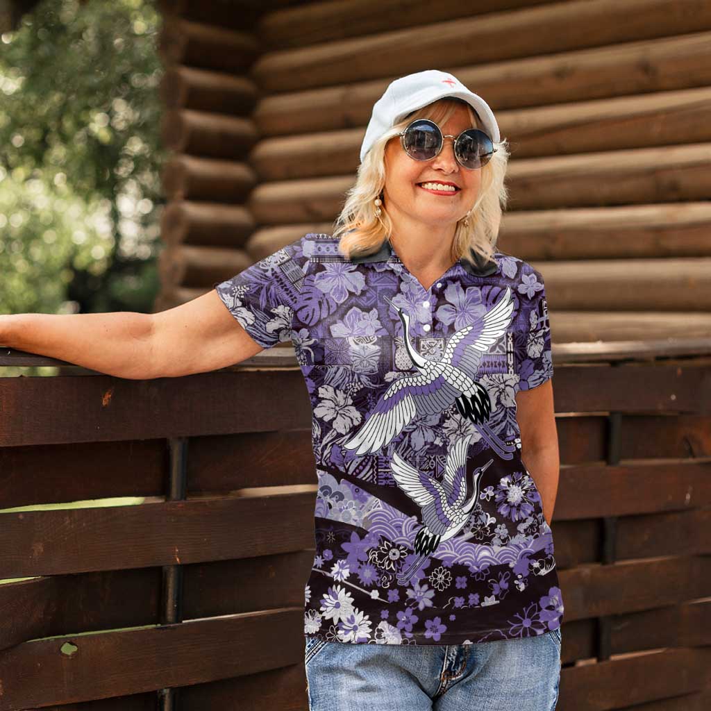 Japanese Hawaiian Crane Women Polo Shirt Purple Tapa Patchwork Pattern