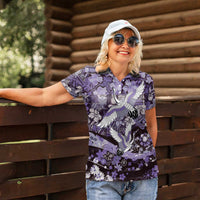 Japanese Hawaiian Crane Women Polo Shirt Purple Tapa Patchwork Pattern