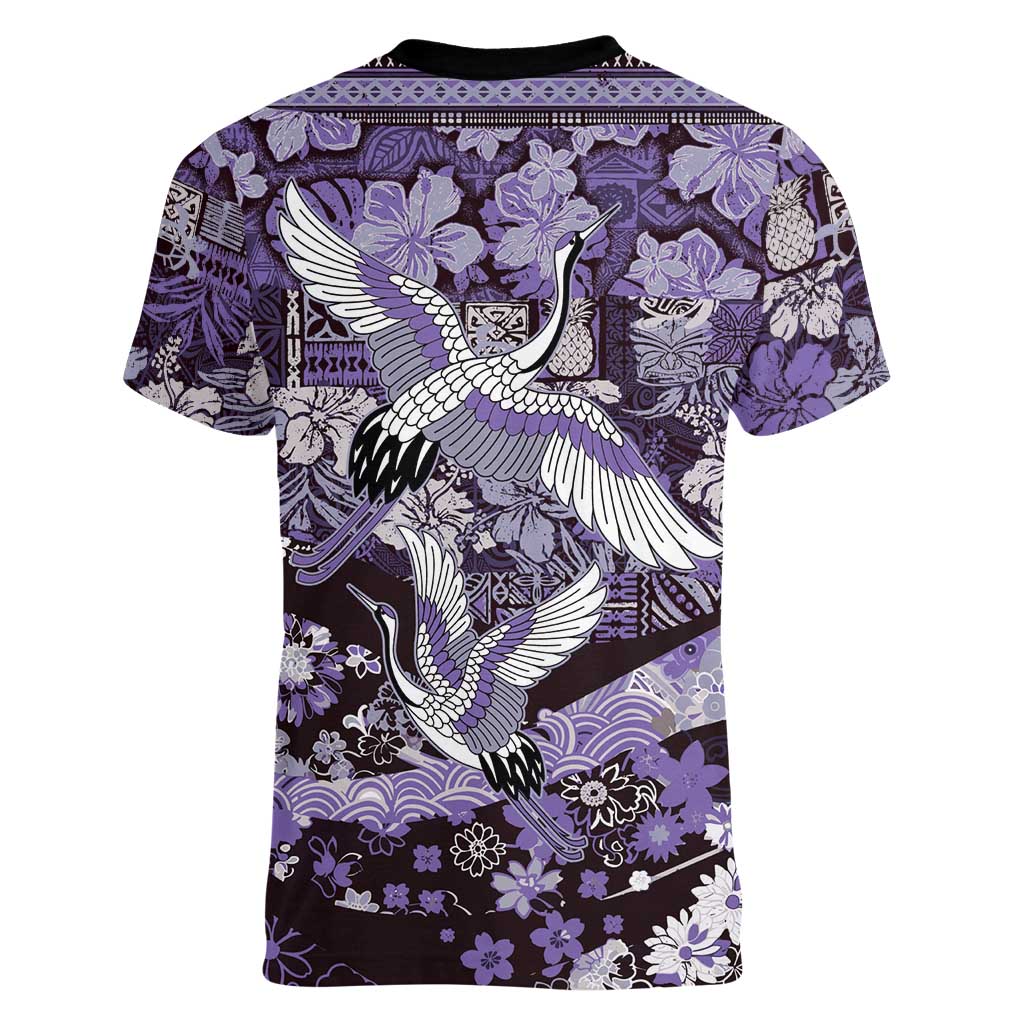 Japanese Hawaiian Crane Women V-Neck T-Shirt Purple Tapa Patchwork Pattern LT9 - Polynesian Pride