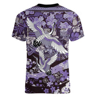 Japanese Hawaiian Crane Women V-Neck T-Shirt Purple Tapa Patchwork Pattern LT9 - Polynesian Pride