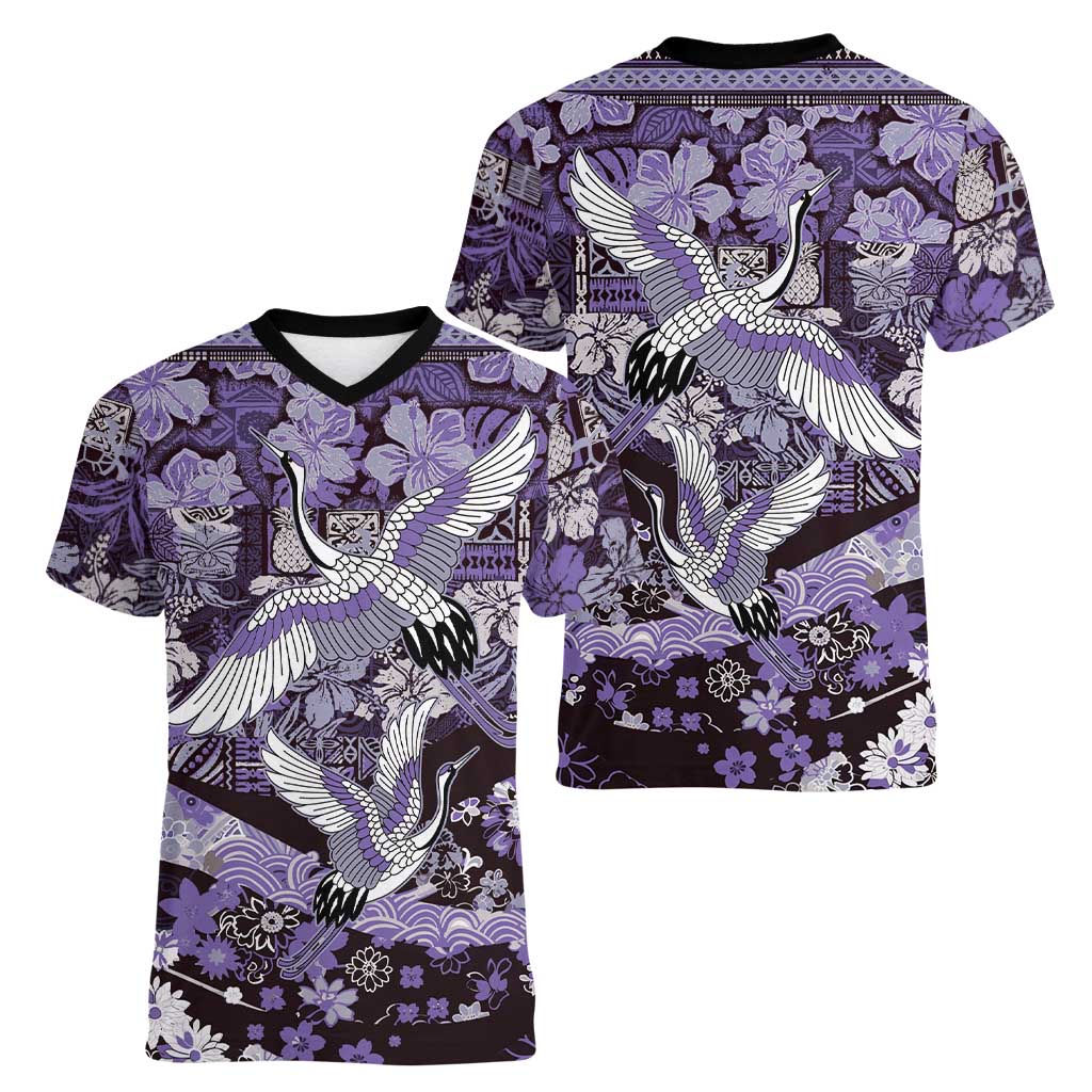 Japanese Hawaiian Crane Women V-Neck T-Shirt Purple Tapa Patchwork Pattern LT9 - Polynesian Pride