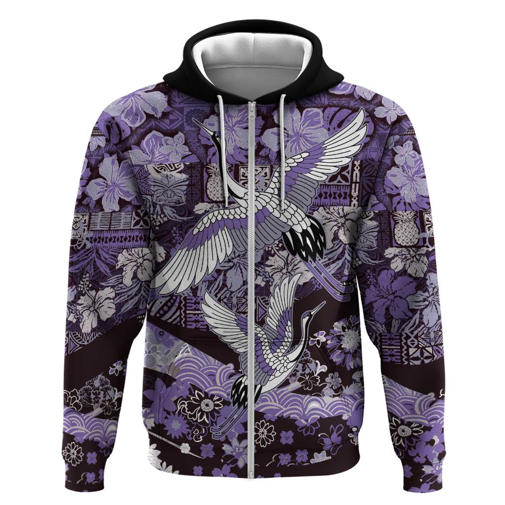 Japanese Hawaiian Crane Zip Hoodie Purple Tapa Patchwork Pattern LT9 Zip Hoodie Purple - Polynesian Pride