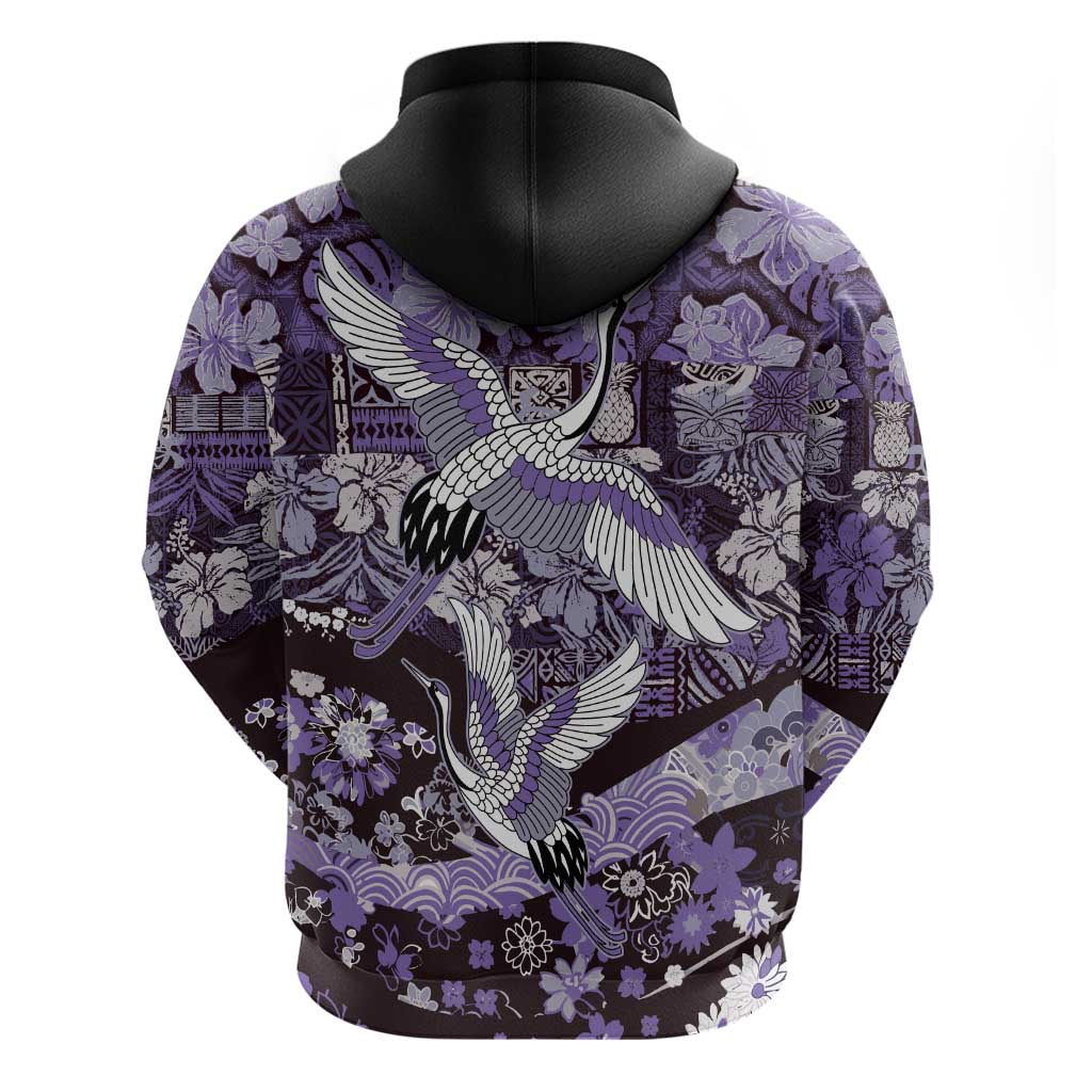 Japanese Hawaiian Crane Zip Hoodie Purple Tapa Patchwork Pattern LT9 - Polynesian Pride