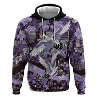 Japanese Hawaiian Crane Zip Hoodie Purple Tapa Patchwork Pattern LT9 Pullover Hoodie Purple - Polynesian Pride