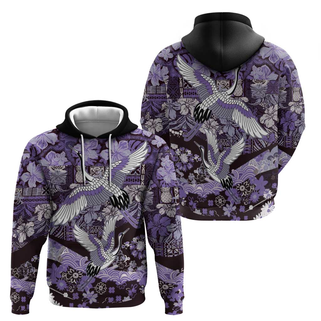 Japanese Hawaiian Crane Zip Hoodie Purple Tapa Patchwork Pattern LT9 - Polynesian Pride