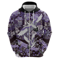 Japanese Hawaiian Crane Zip Hoodie Purple Tapa Patchwork Pattern LT9 - Polynesian Pride
