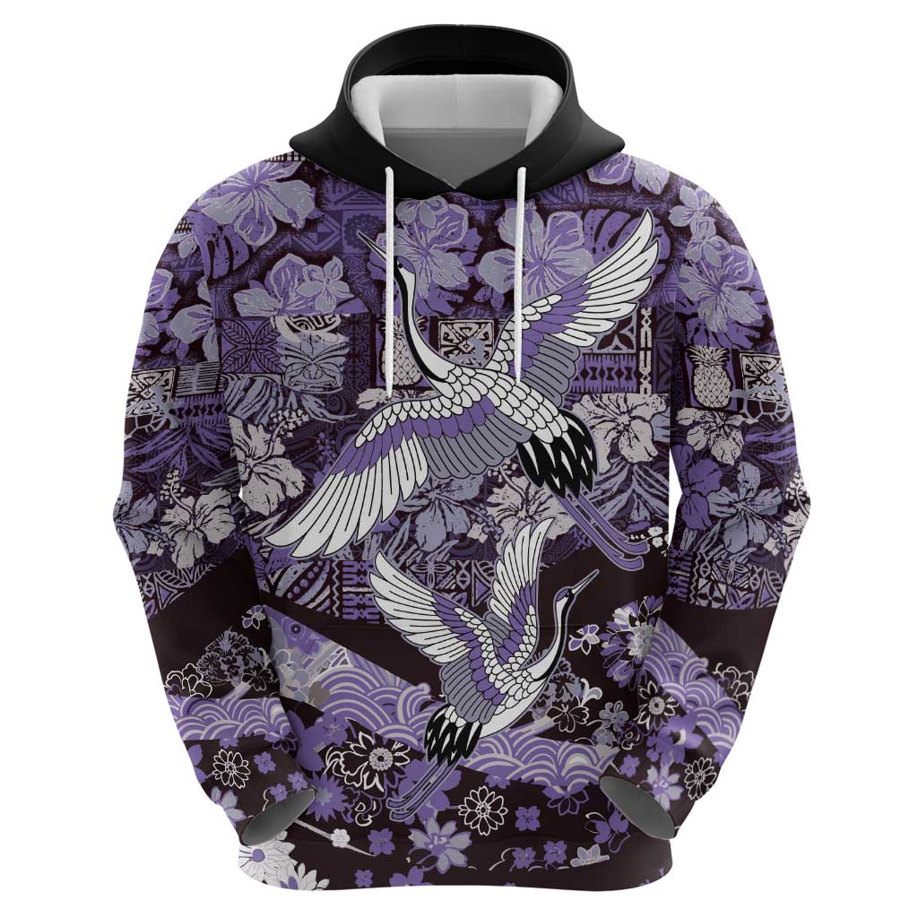 Japanese Hawaiian Crane Zip Hoodie Purple Tapa Patchwork Pattern LT9 - Polynesian Pride