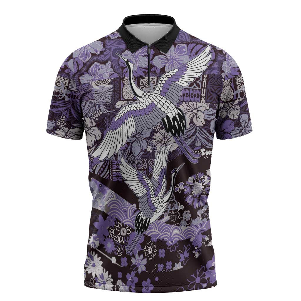 Japanese Hawaiian Crane Zipper Polo Shirt Purple Tapa Patchwork Pattern LT9 Purple - Polynesian Pride