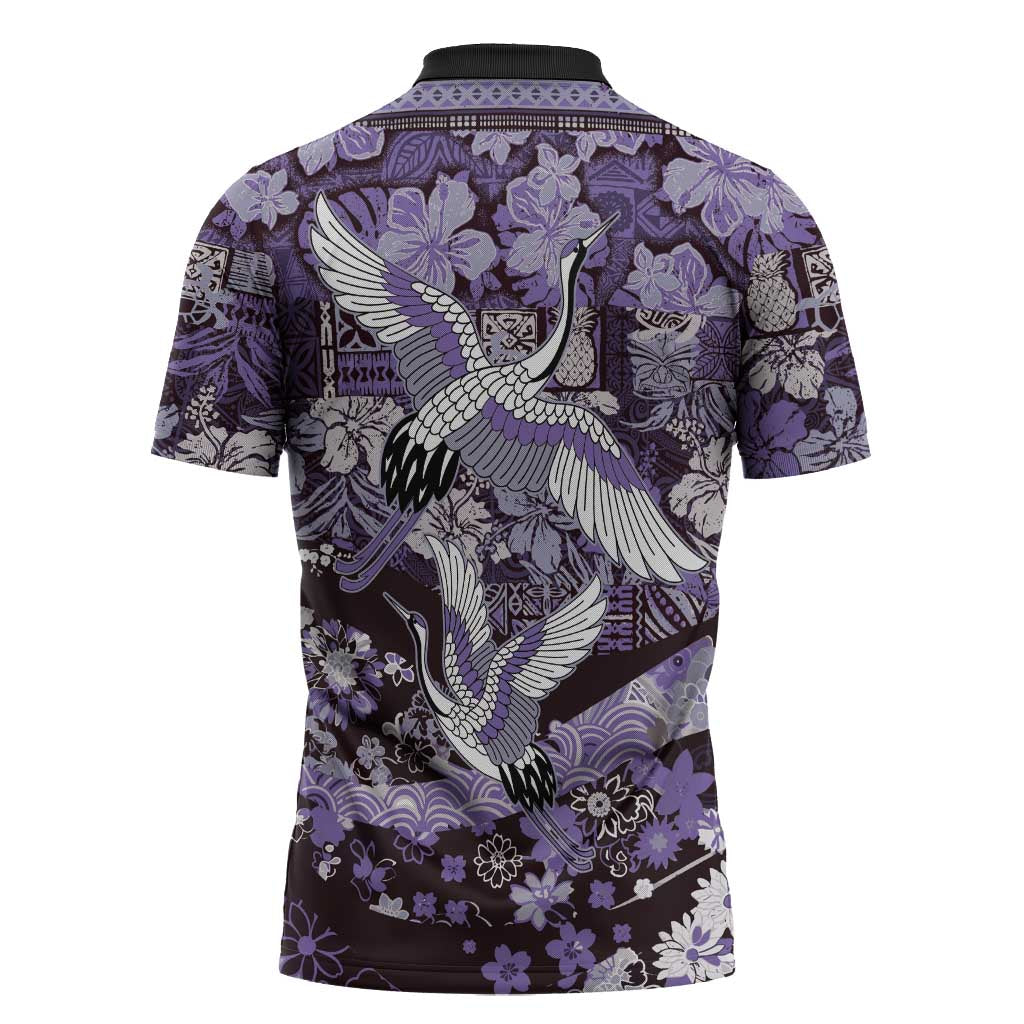 Japanese Hawaiian Crane Zipper Polo Shirt Purple Tapa Patchwork Pattern LT9 - Polynesian Pride