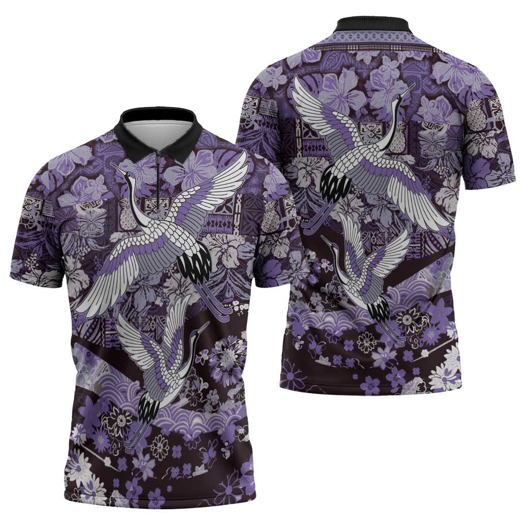 Japanese Hawaiian Crane Zipper Polo Shirt Purple Tapa Patchwork Pattern LT9 - Polynesian Pride