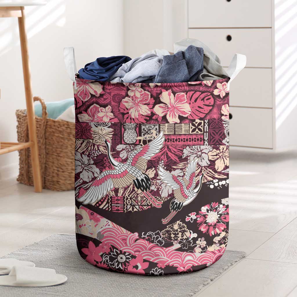 Japanese Hawaiian Crane Laundry Basket Soft Pink Tapa Patchwork Pattern LT9 Pink - Polynesian Pride