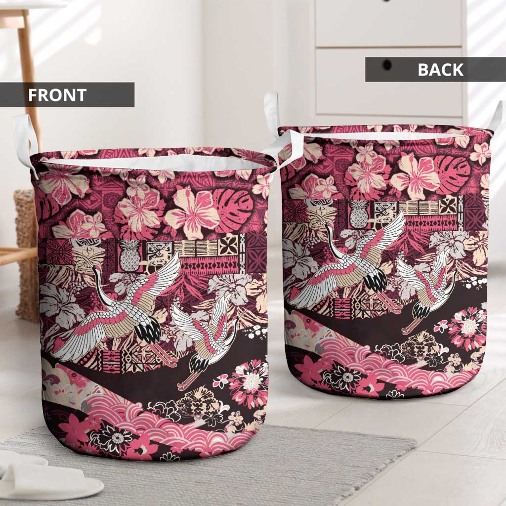 Japanese Hawaiian Crane Laundry Basket Soft Pink Tapa Patchwork Pattern LT9 - Polynesian Pride