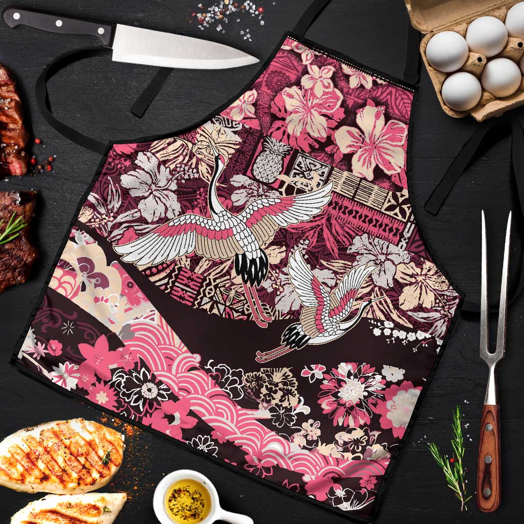 Japanese Hawaiian Crane Apron Soft Pink Tapa Patchwork Pattern LT9 Pink - Polynesian Pride