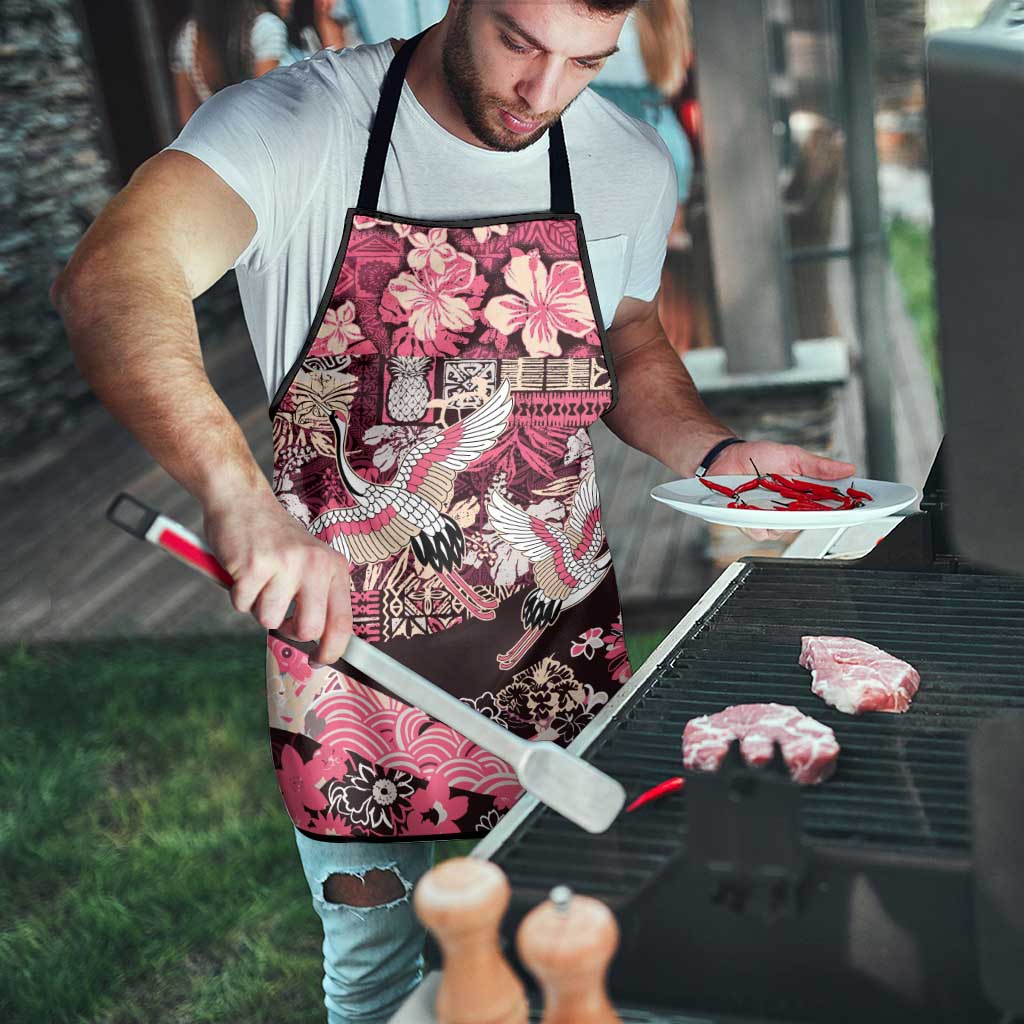 Japanese Hawaiian Crane Apron Soft Pink Tapa Patchwork Pattern LT9 - Polynesian Pride