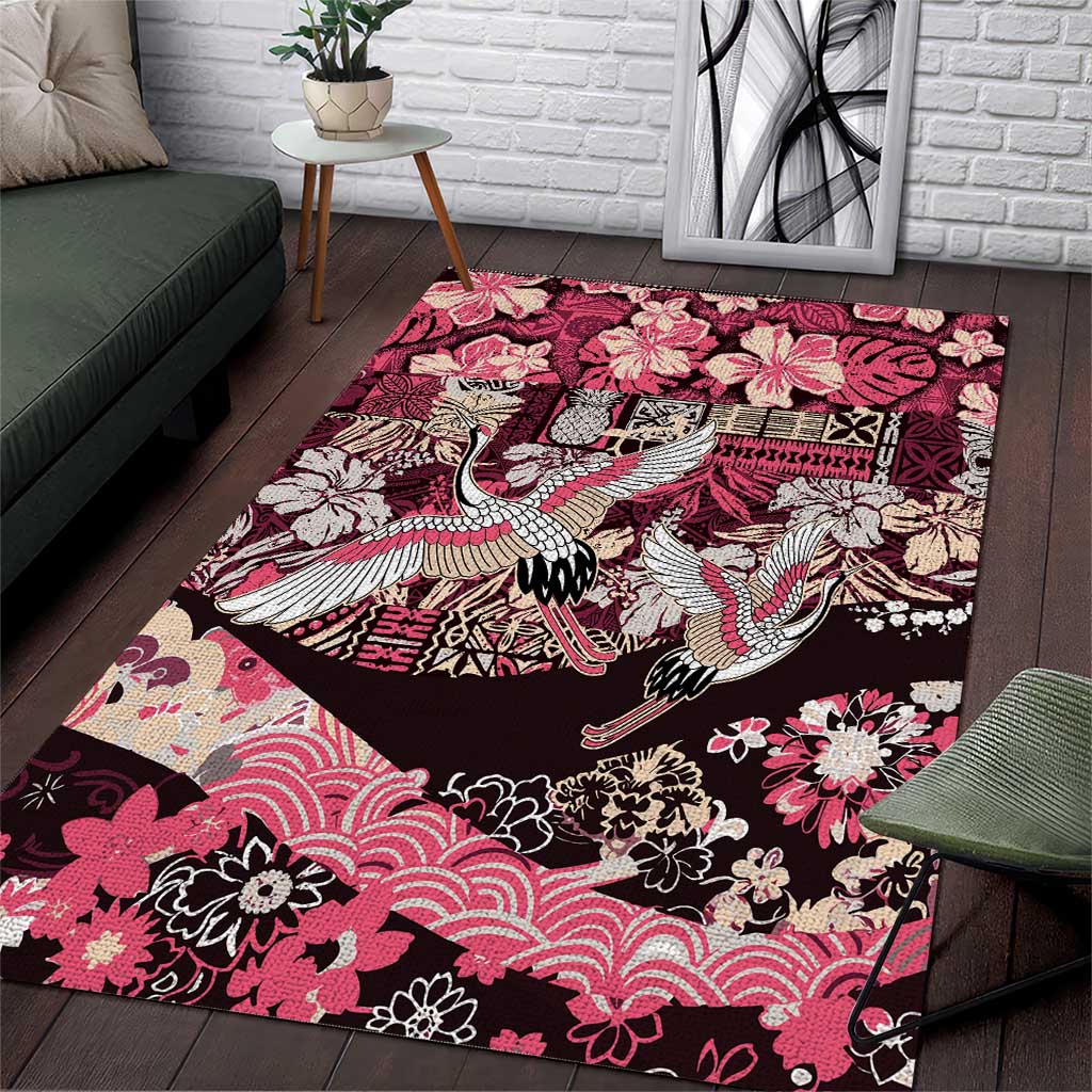 Japanese Hawaiian Crane Area Rug Soft Pink Tapa Patchwork Pattern