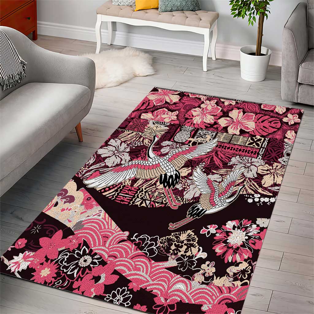 Japanese Hawaiian Crane Area Rug Soft Pink Tapa Patchwork Pattern
